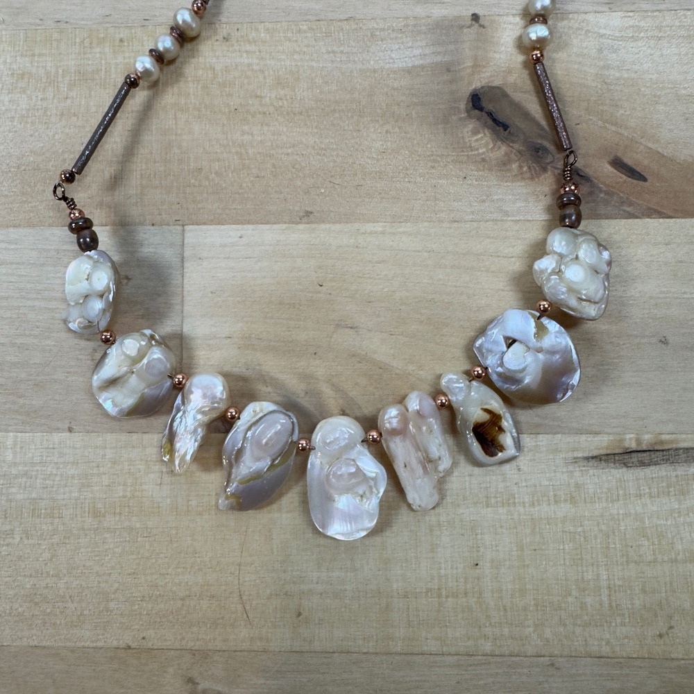 Artisan Keshi Pearl Statement Necklace Iridescent Copper Tone Toggle Clasp 18in - Picture 9 of 11